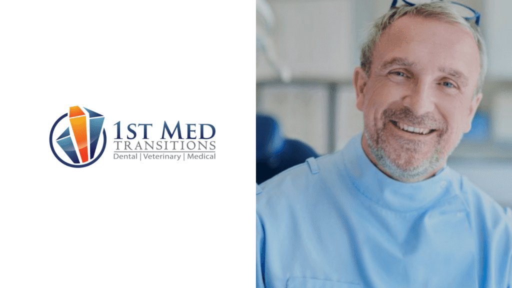 Logo of 1st Med Transitions alongside a photo of a doctor.