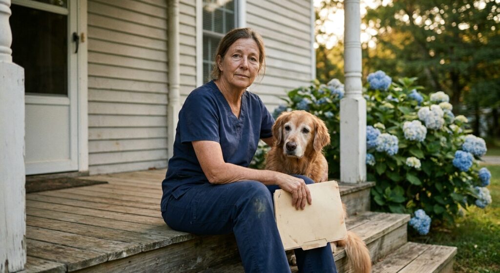 Senior veterinarian sitting on the wooden front steps of her independent practice holding a manila folder, considering the decision to sell
