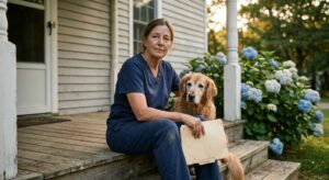 Senior veterinarian sitting on the wooden front steps of her independent practice holding a manila folder, considering the decision to sell