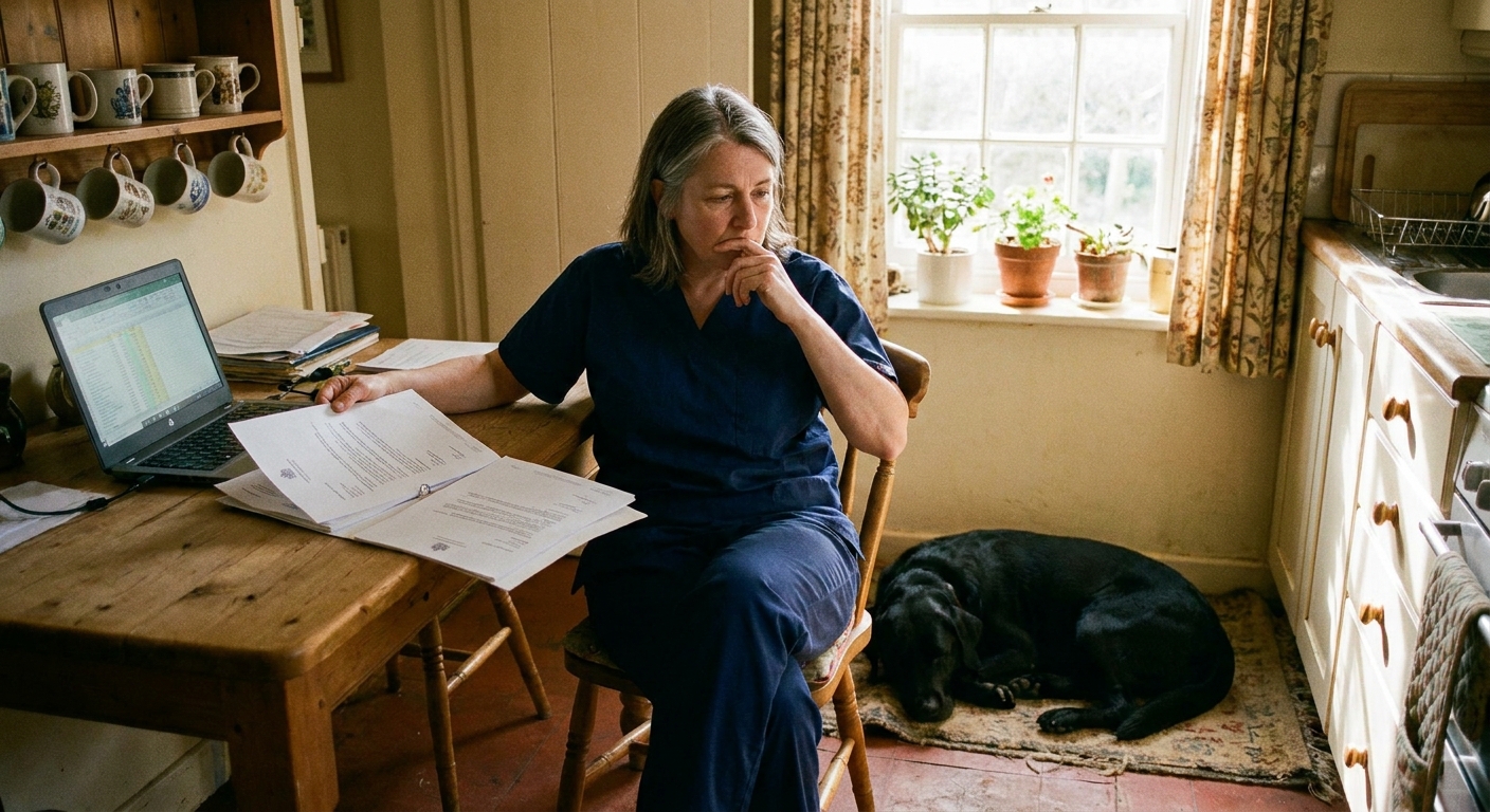 Veterinarian comparing multiple consolidator offer letters spread out on her kitchen table, with a laptop beside her