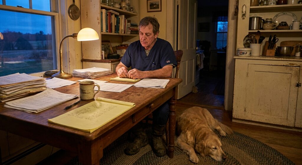 Independent veterinarian reviewing practice sale paperwork at a wooden farmhouse table at dusk, with a golden retriever resting nearby