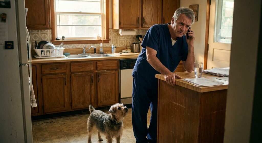 Independent veterinarian on a phone call in his home kitchen, listening to a private equity buyer's offer for his practice