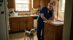 Independent veterinarian on a phone call in his home kitchen, listening to a private equity buyer's offer for his practice