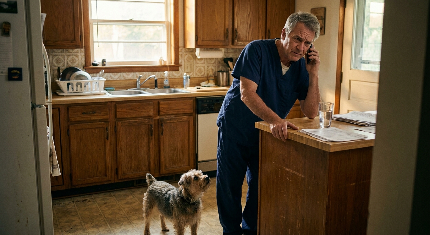 Independent veterinarian on a phone call in his home kitchen, listening to a private equity buyer's offer for his practice