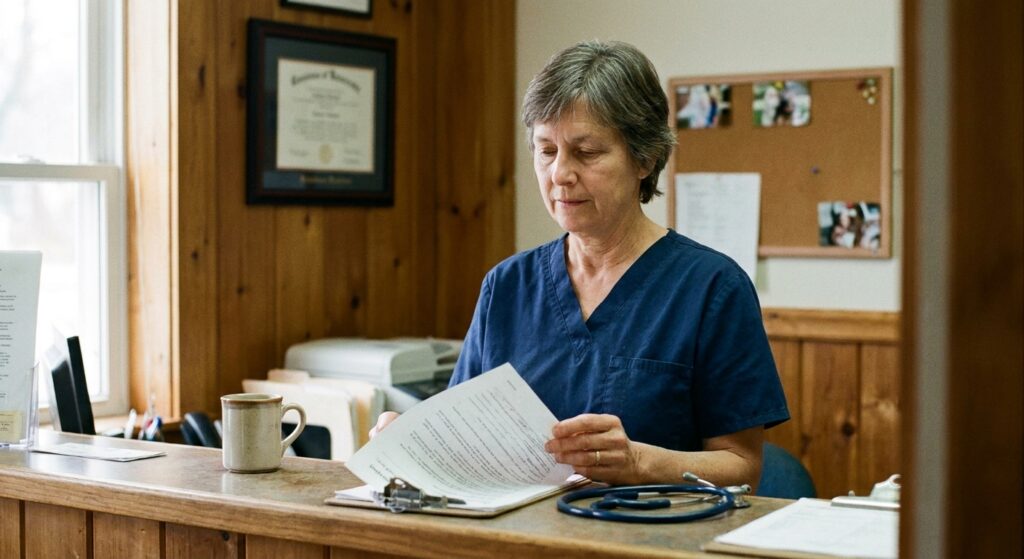 Veterinarian reviewing a multi-page document at the reception counter of her independent veterinary practice during a quiet moment between appointments