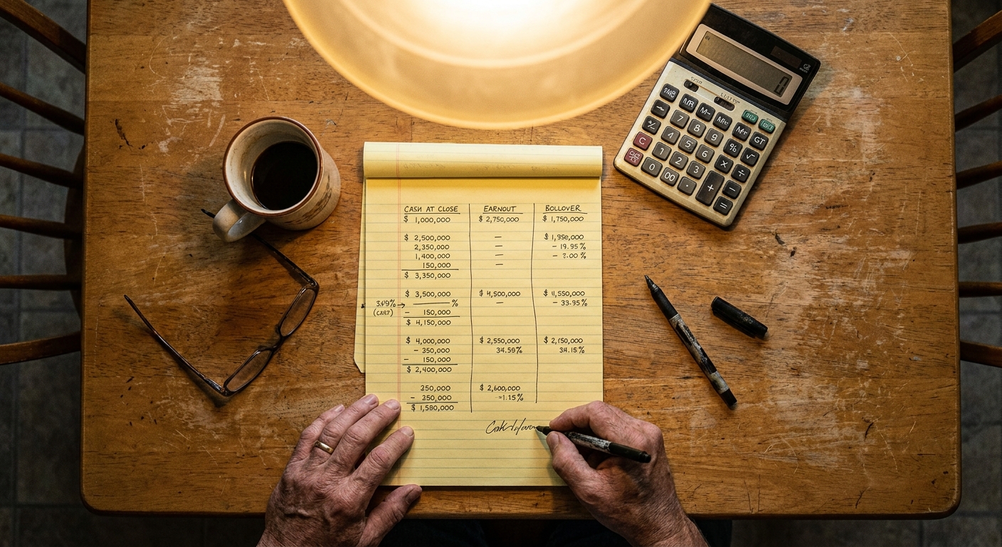 Overhead view of a yellow legal pad with handwritten deal-component math: cash at close, earnout, and rollover equity calculations