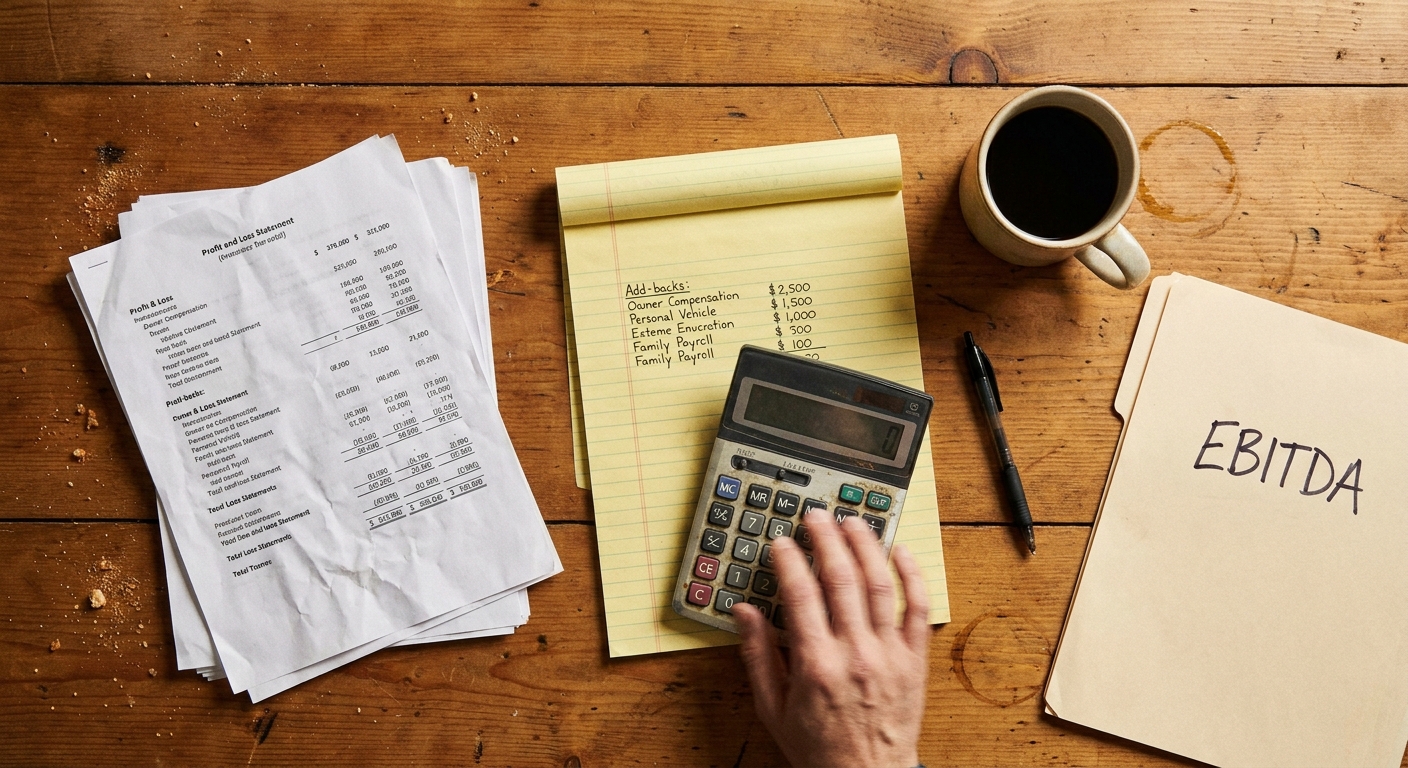 Overhead view of P&L statements, a yellow legal pad with handwritten EBITDA add-back categories, calculator, and a coffee cup