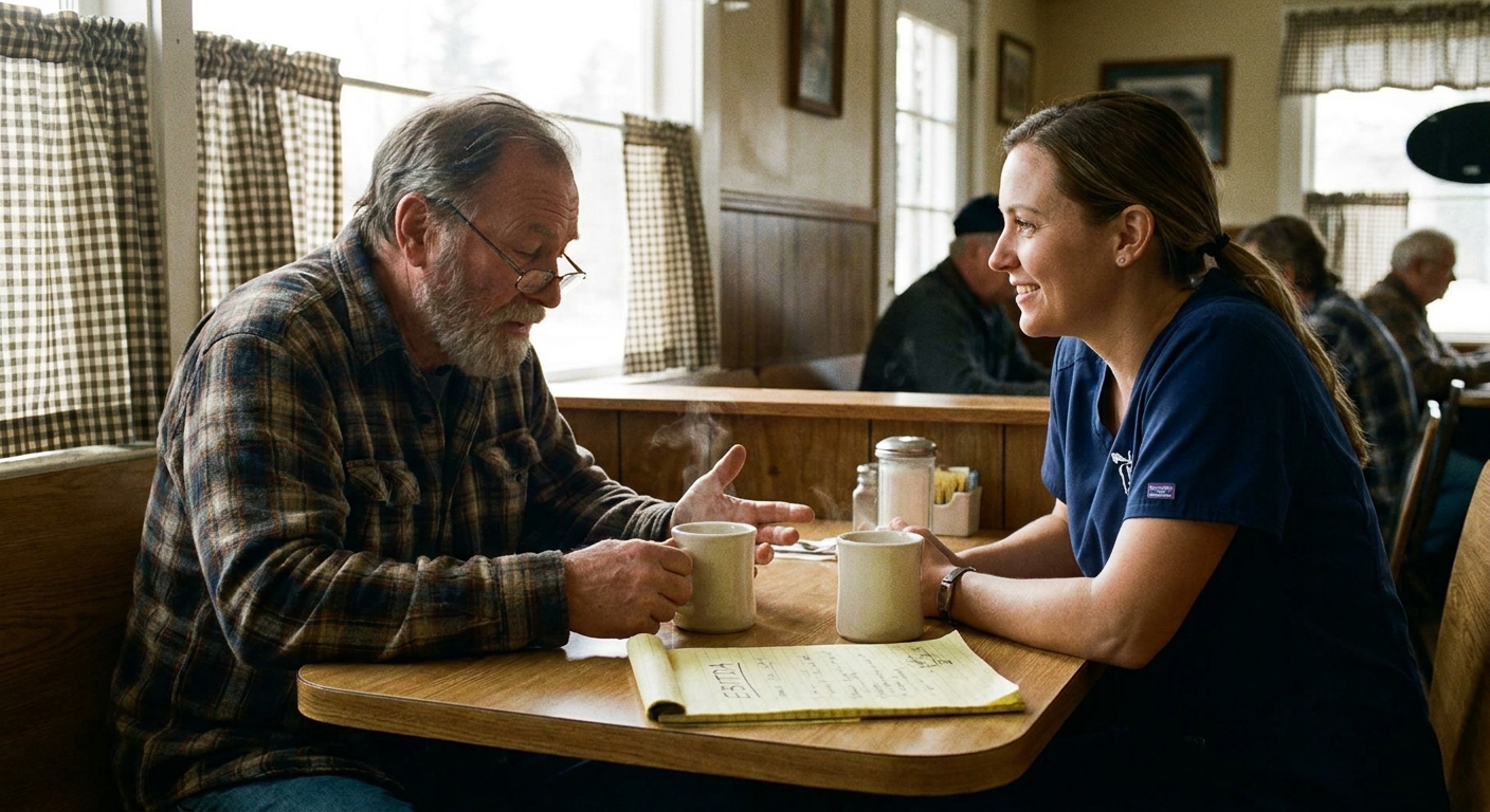 Veterinarian in scrubs meeting with a sell-side advisor over coffee at a small-town diner, yellow legal pad with EBITDA math between them