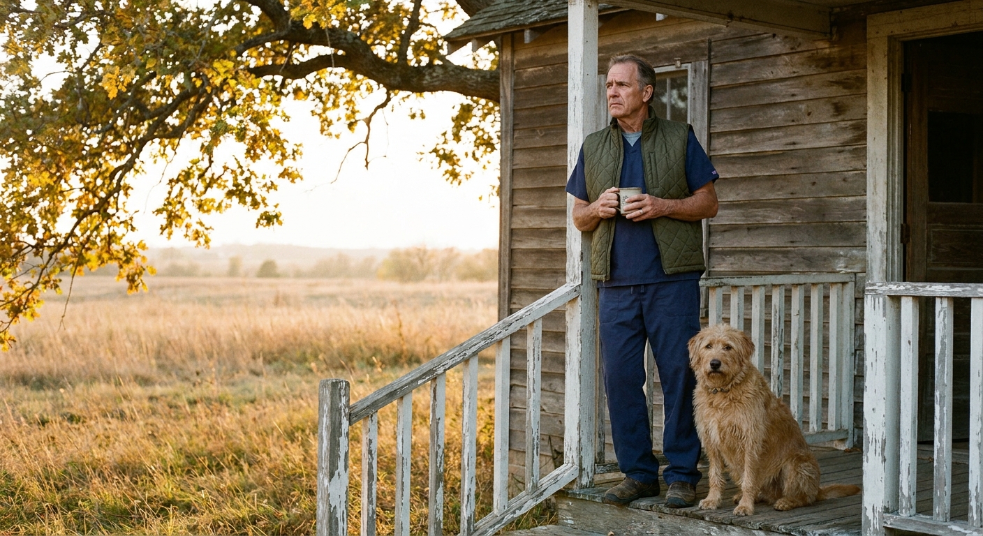 Veterinarian standing on the porch of his independent practice at golden hour, contemplating a meaningful sale decision