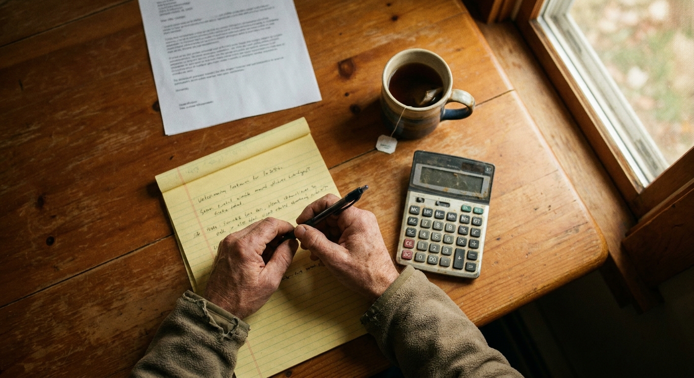 Overhead view of a printed NVA offer letter, a yellow legal pad with notes, a calculator, and a cup of tea on a kitchen table
