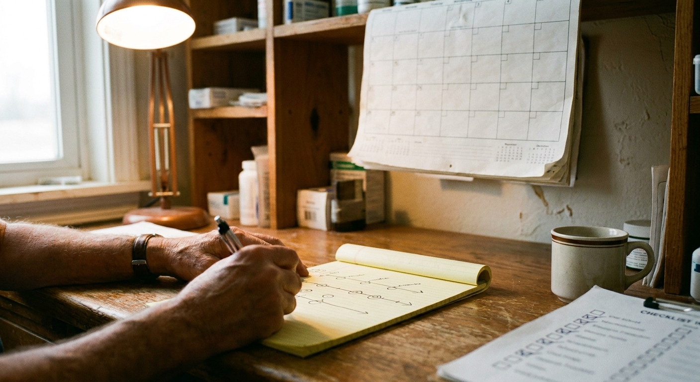 A wooden desk with a wall calendar above and a hand-drawn 18-month sale timeline on a yellow legal pad