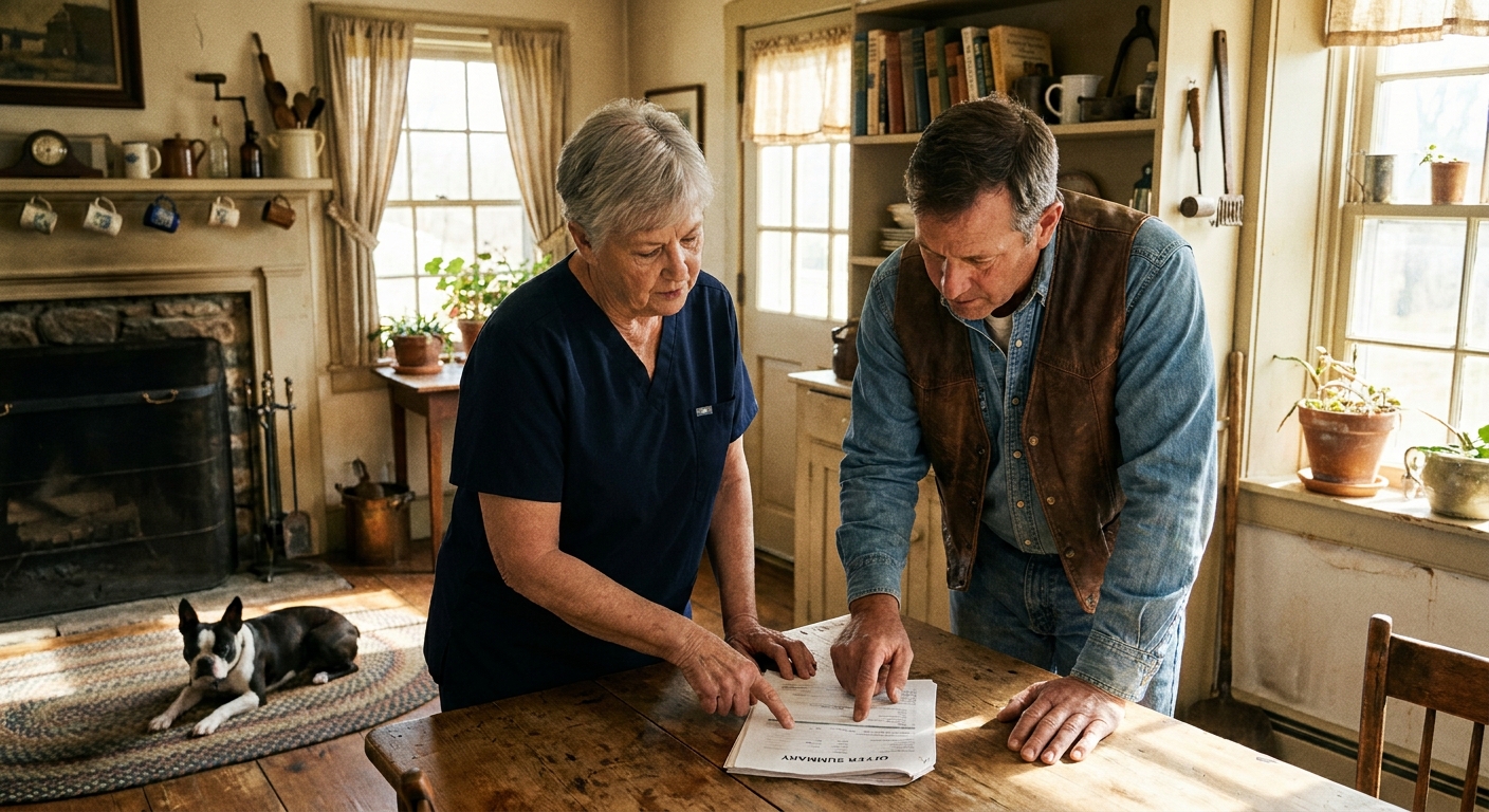 Veterinarian and her sell-side advisor reviewing a printed PE offer document together at a sun-lit kitchen table