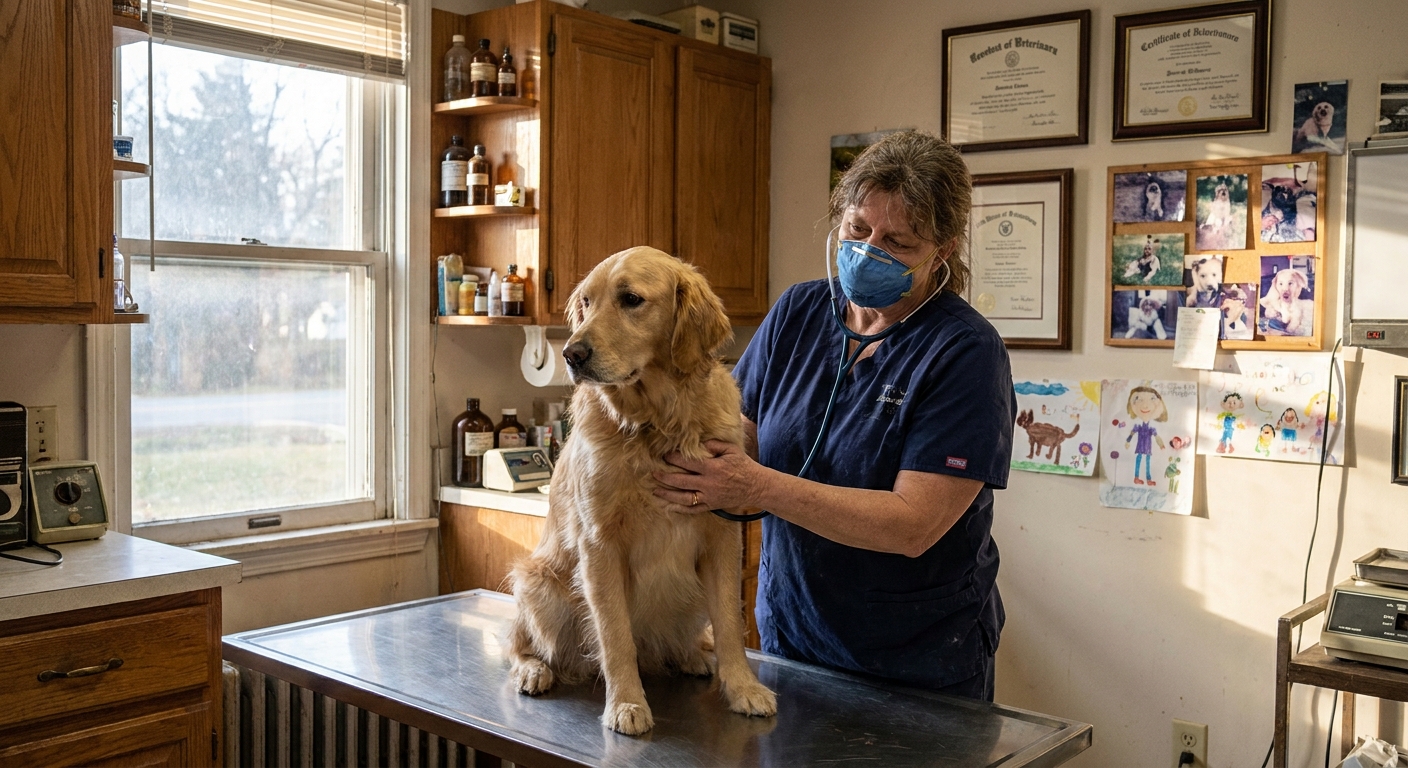 Independent veterinarian examining a calm golden retriever inside a small-town veterinary practice, with diplomas and kids' thank-you drawings on the wall