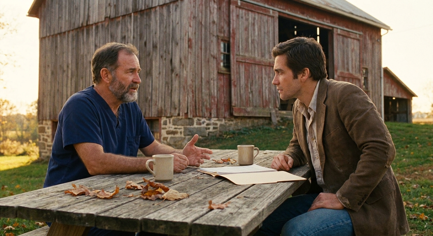 Veterinarian and a consolidator buyer-rep meeting over coffee at a wooden picnic table outside a country building