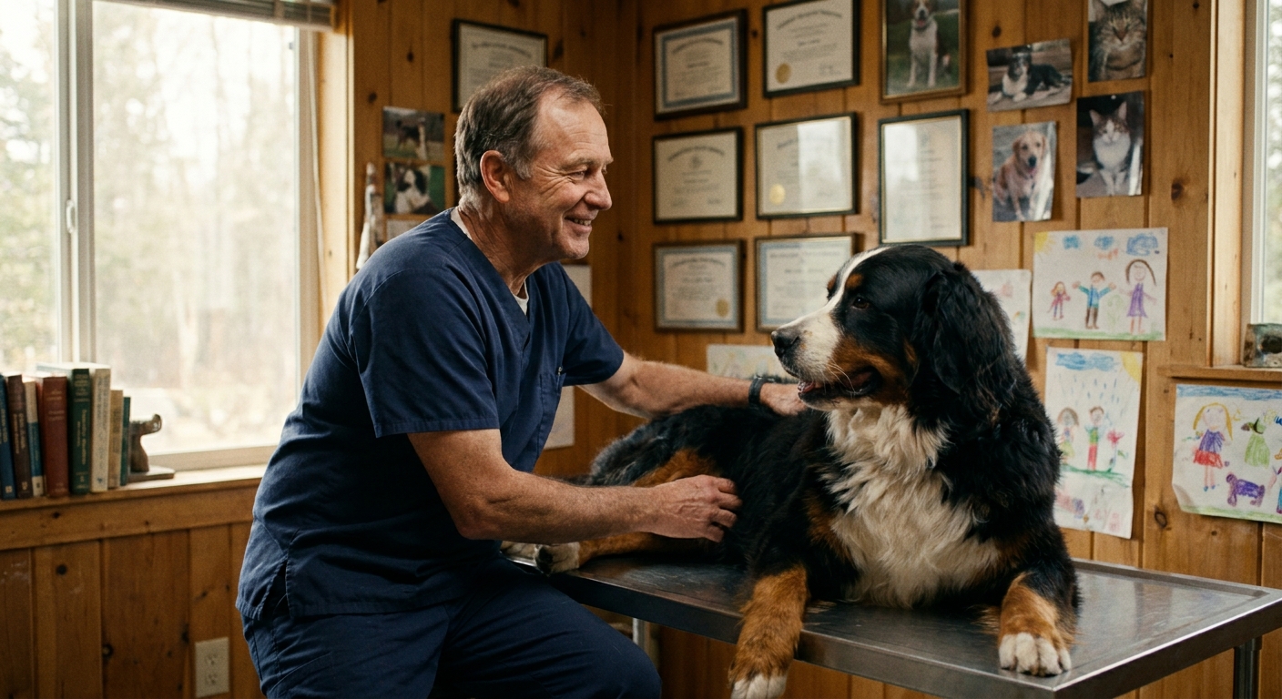 Veterinarian smiling as he gently examines a Bernese mountain dog at his practice, post-sale to NVA, continuing the clinical work he loves