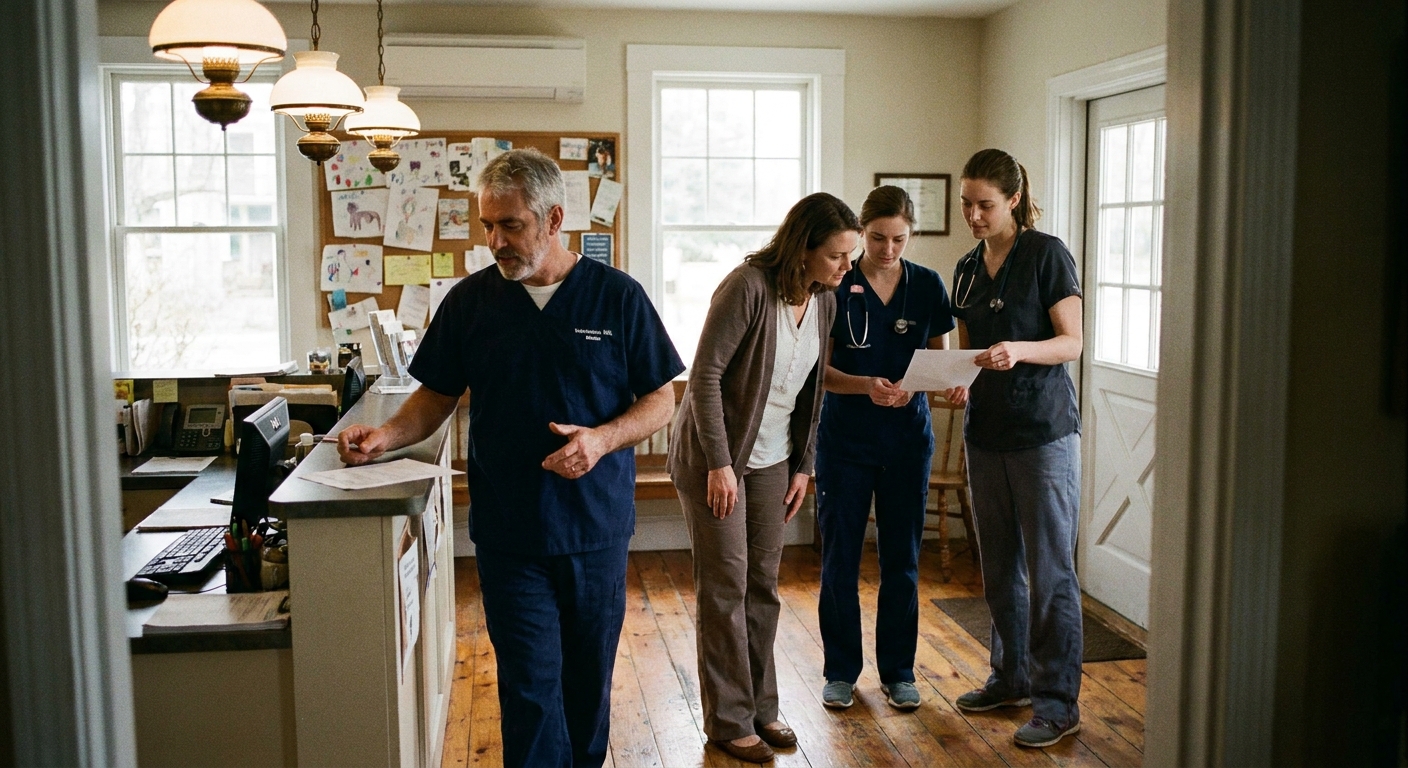 Veterinarian meeting with his associate doctor and practice manager at the front reception counter to plan sale preparation