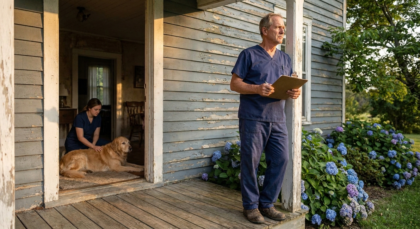 Senior veterinarian on the front porch of an independent veterinary practice at golden hour, with a vet tech and golden retriever inside the open doorway