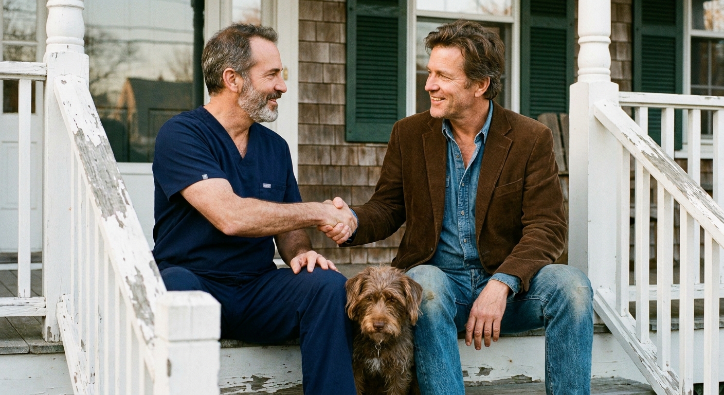 Veterinarian in scrubs shaking hands with a sell-side advisor on the front porch steps of an independent practice, friendly dog between them