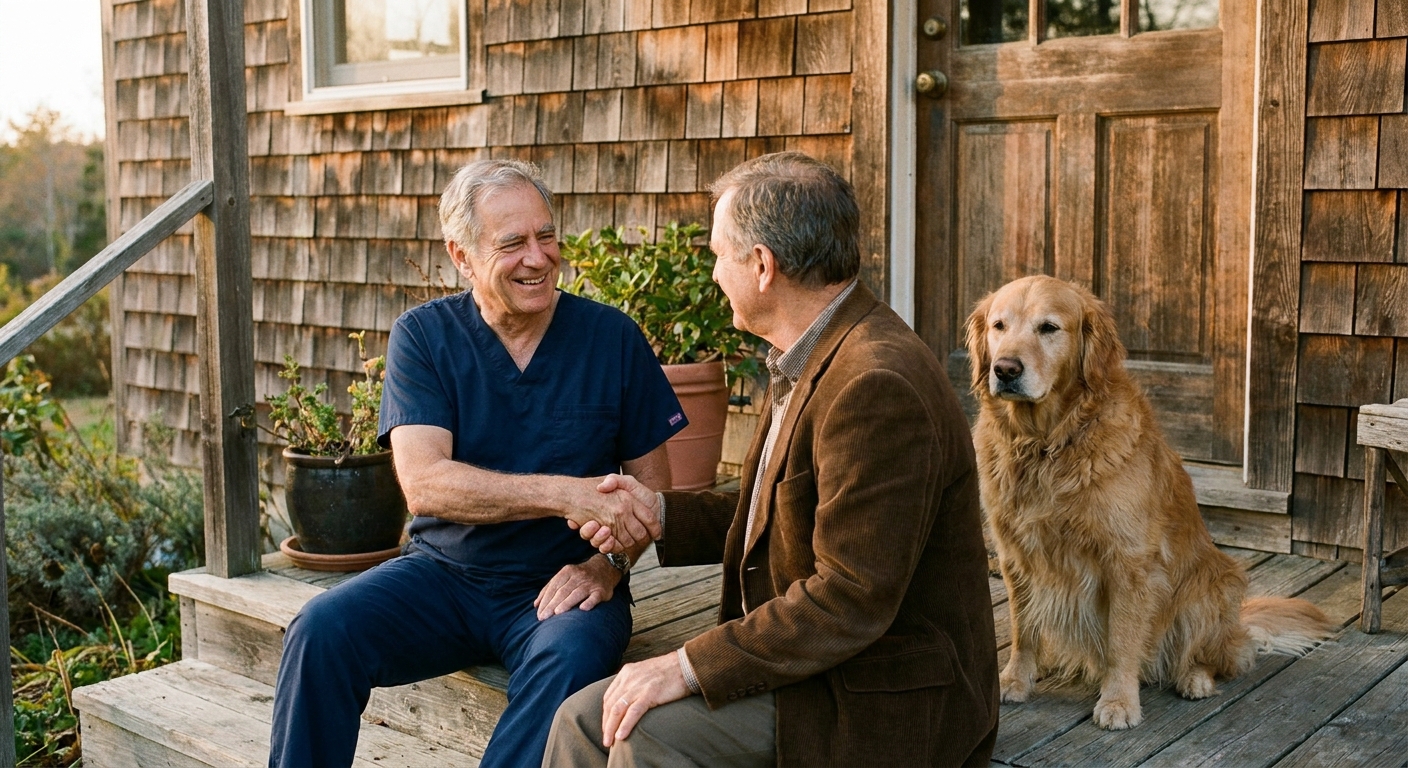 Veterinarian shaking hands with the buyer on the front porch of his independent practice on closing day, with a golden retriever beside them