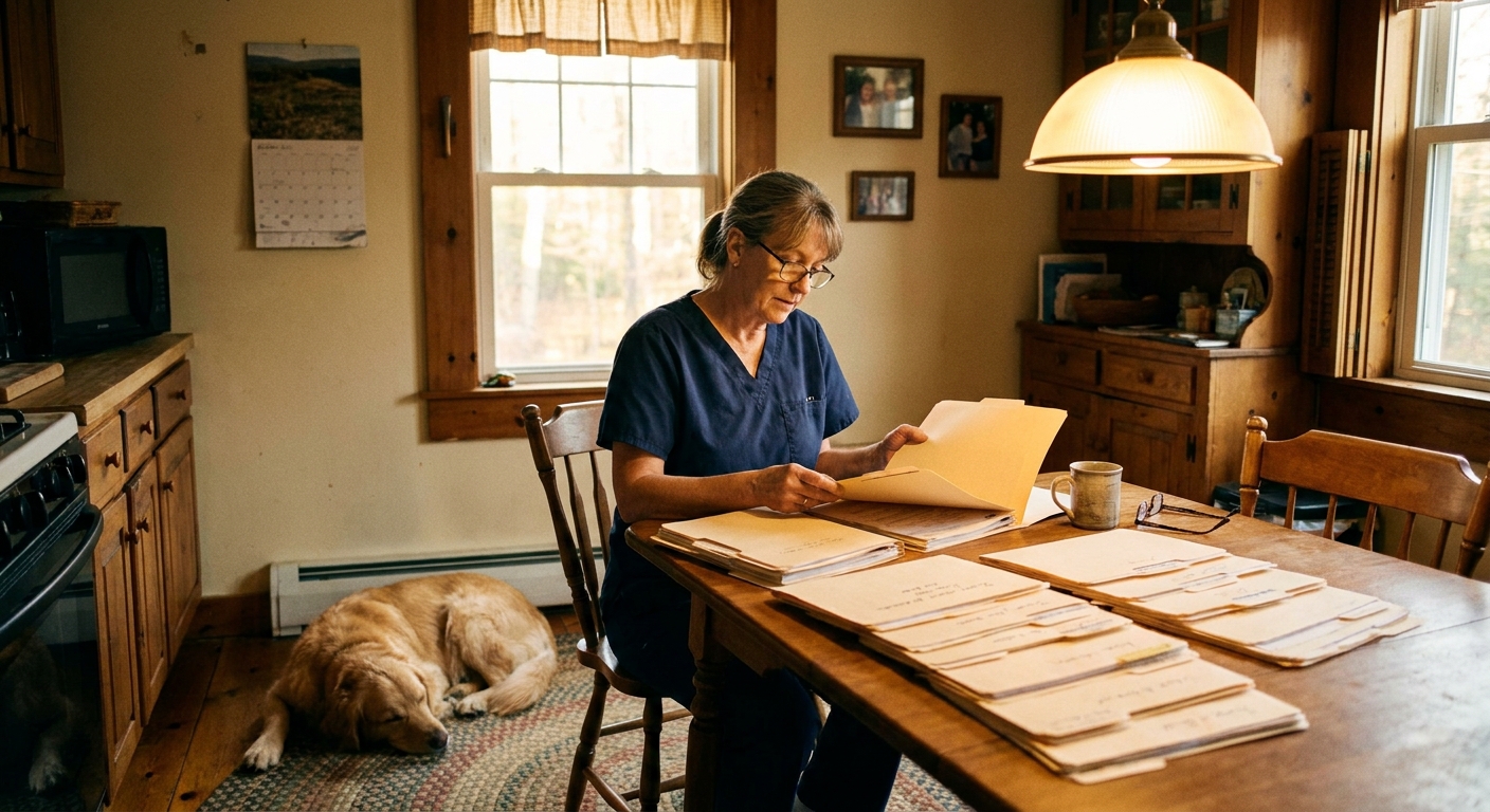 Veterinarian comparing multiple buyer offer folders side by side at her kitchen table with a golden retriever resting beside her