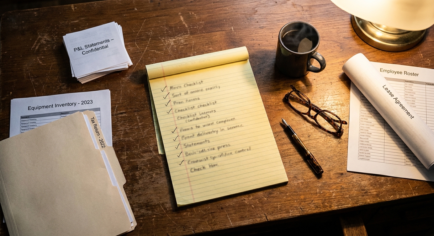 Overhead view of a practice sale data room checklist on a yellow legal pad surrounded by P&L statements, equipment inventory, and lease documents