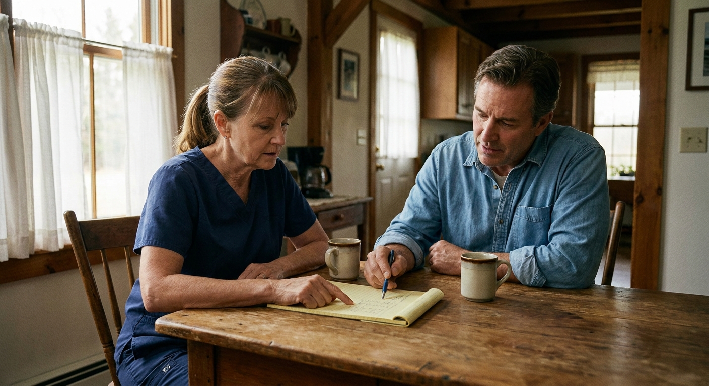 Veterinarian and her CPA reviewing a tax-allocation spreadsheet together at a wooden farmhouse table