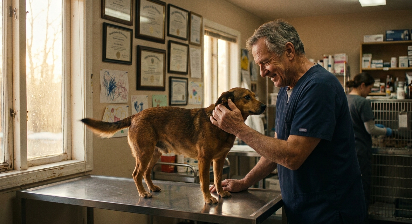 Veterinarian examining a happy brown dog inside his independent practice post-sale, continuing the clinical work he loves