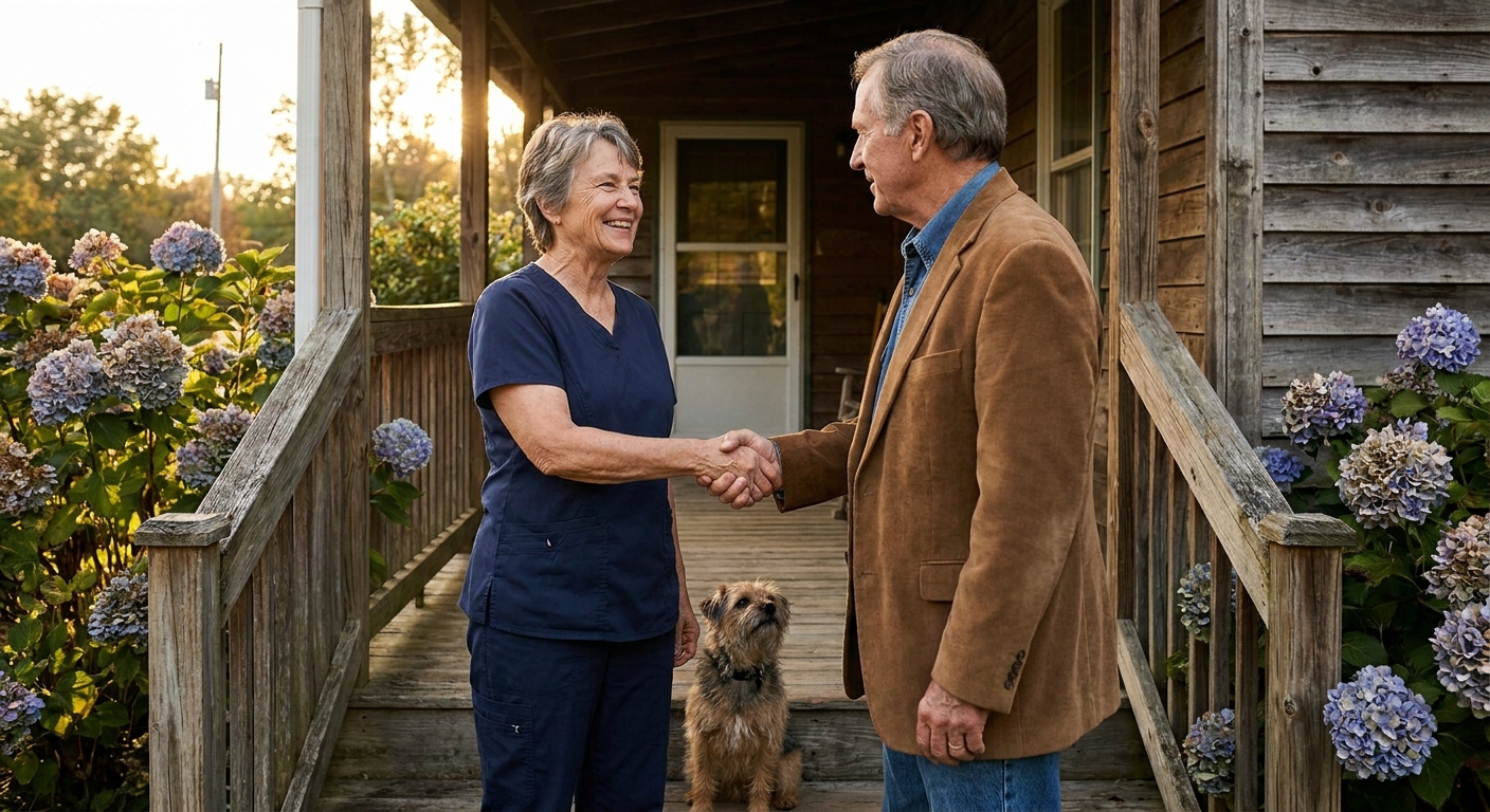 Senior veterinarian shaking hands with her sell-side advisor on the front porch of her independent practice at golden hour after a completed deal