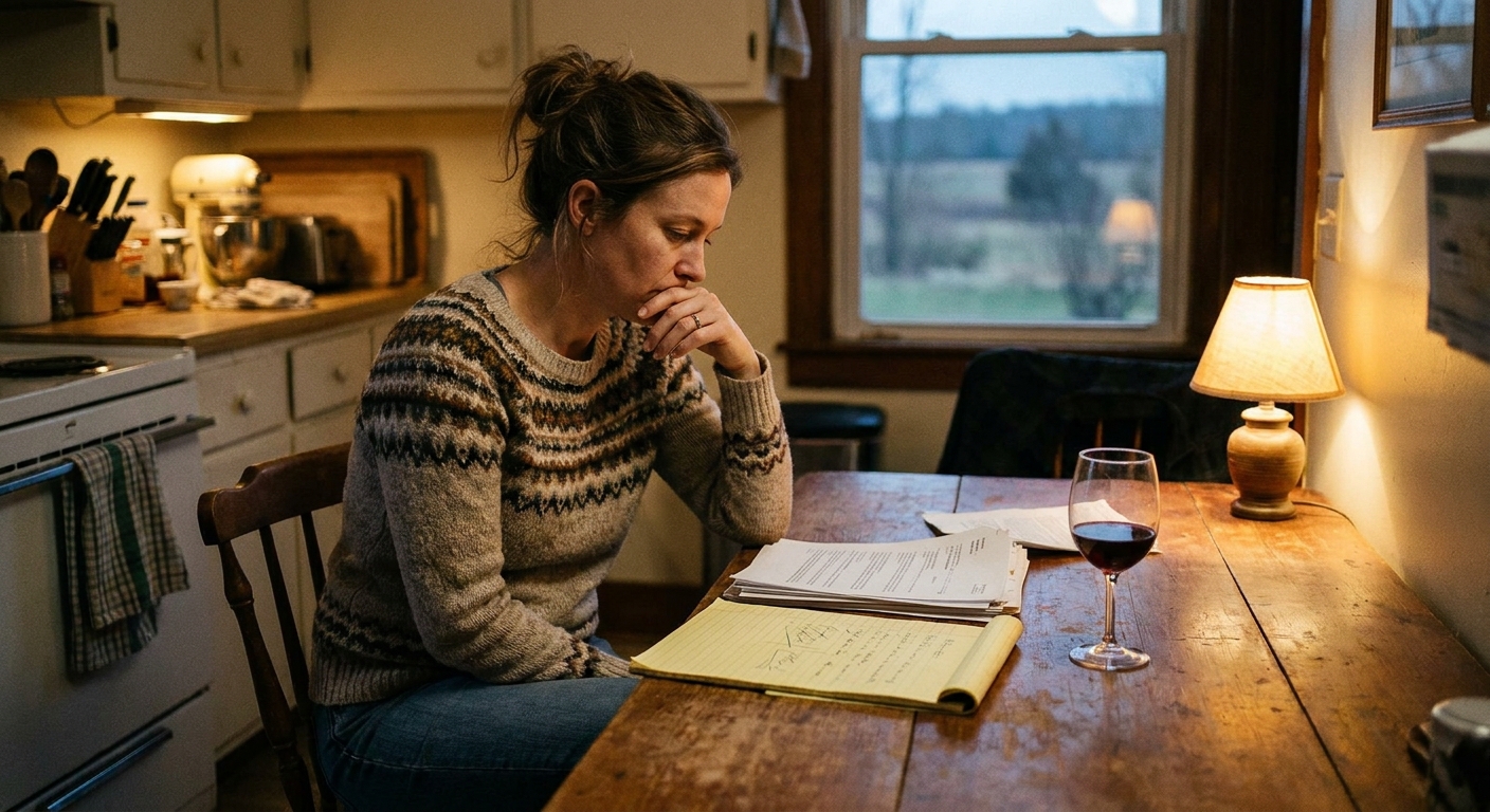 Woman veterinarian out of scrubs seated at her own home kitchen table in the early evening with the offer document spread in front of her, a yellow legal pad of handwritten notes, and a glass of red wine beside the pad