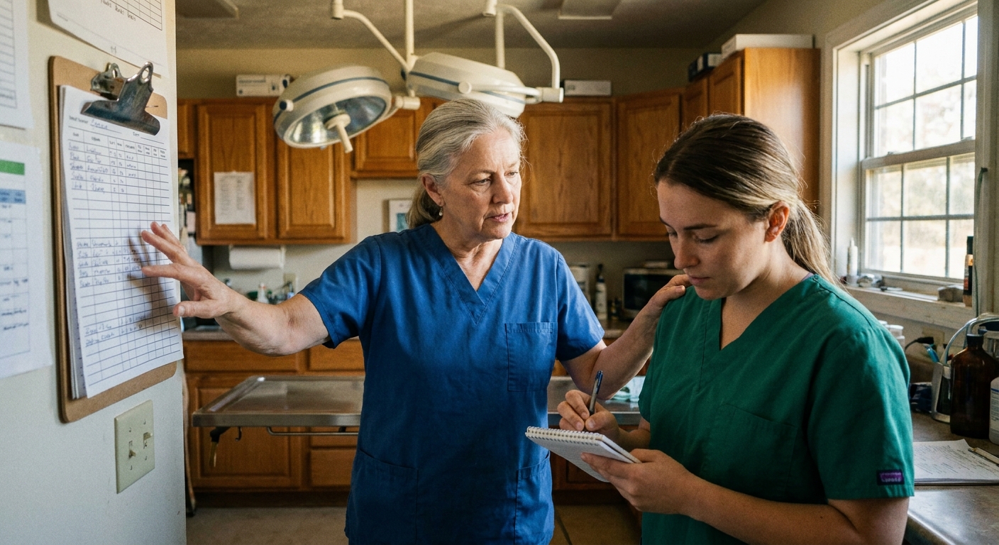 A senior woman veterinarian in scrubs walking her younger successor veterinarian through the back-treatment area of her independent practice, the senior vet gesturing at a wall-mounted equipment-record clipboard while the successor takes notes