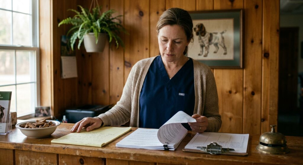 Woman veterinarian in dark blue scrubs and a soft beige cardigan behind the wooden reception counter of her independent veterinary practice during a quiet afternoon, reviewing a stapled multi-page offer document spread on the counter