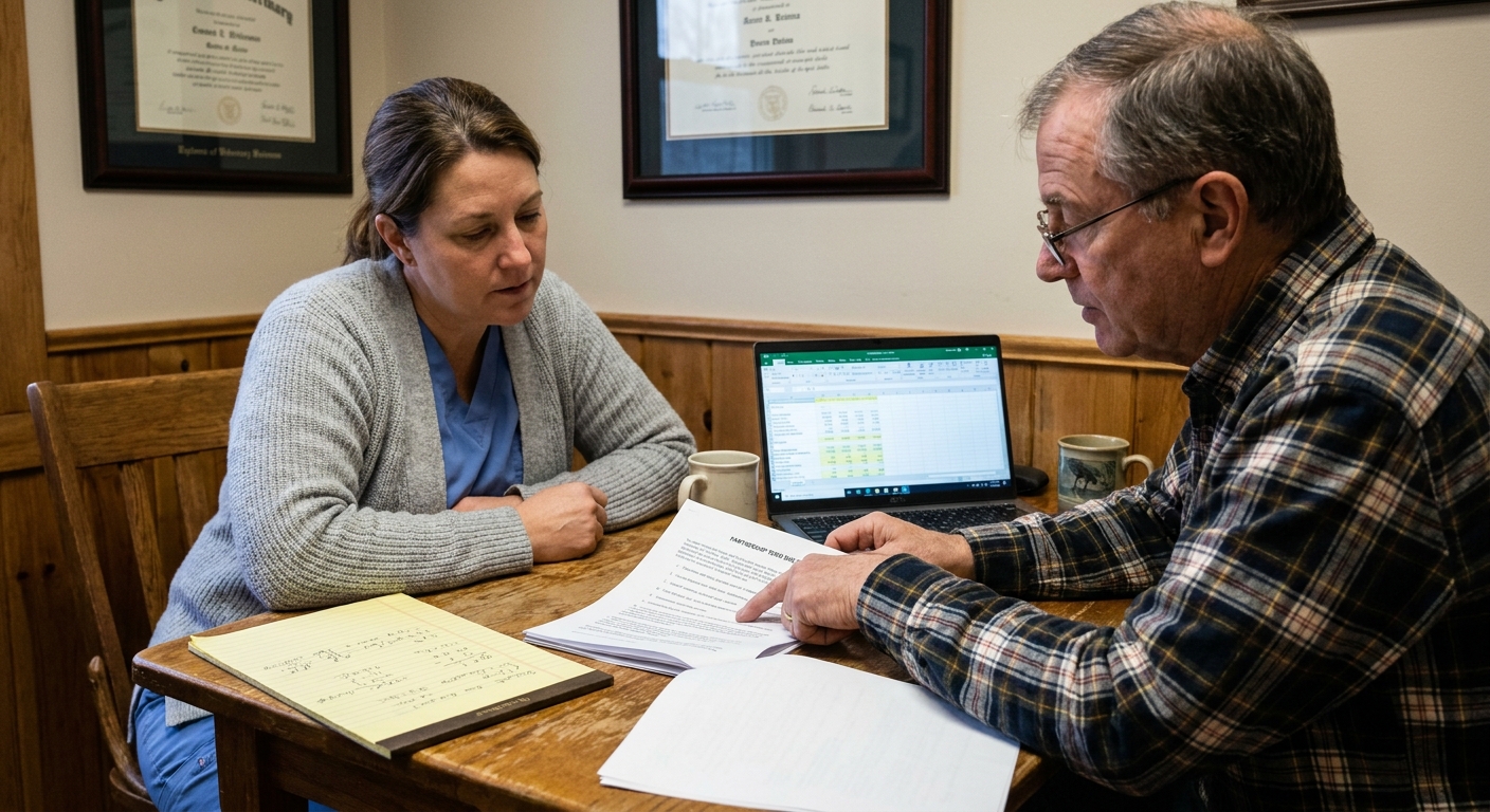 Veterinarian and her CPA reviewing an AmeriVet partnership term sheet at a small wooden conference table in her practice office, with a yellow legal pad of partnership-structure calculations and a laptop showing a financial-projection spreadsheet