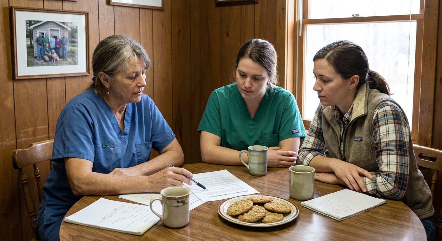 Senior veterinarian discussing AmeriVet partnership terms with her associate doctor and practice manager at the break-room table, sharing the partnership structure with the team that would continue through the transition