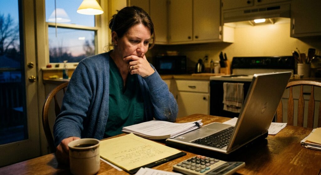 Independent veterinarian in a cardigan over scrubs at her home kitchen table in the evening, reading an AmeriVet partnership offer with a laptop, legal pad, and calculator within reach