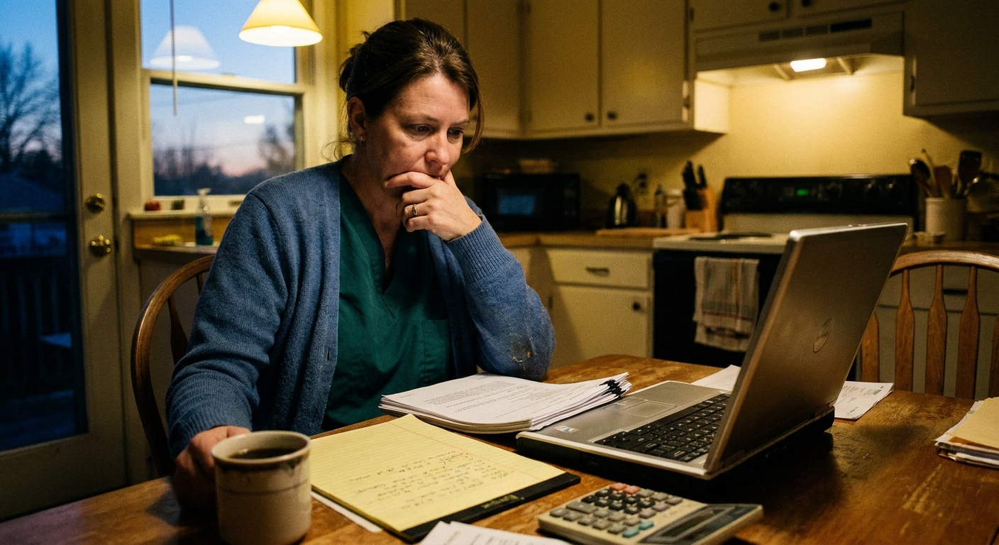 Independent veterinarian in a cardigan over scrubs at her home kitchen table in the evening, reading an AmeriVet partnership offer with a laptop, legal pad, and calculator within reach