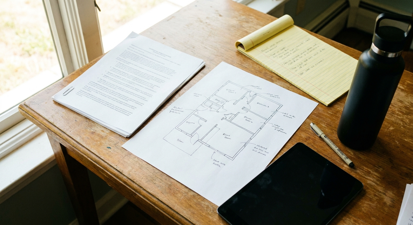 OVERHEAD top-down view of a clean modern desk: a stapled offer document beside a printed clinic floor-plan sketch showing a contemporary layout with a