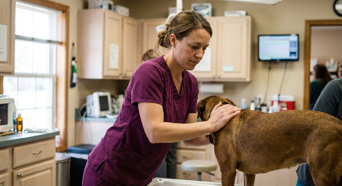 A woman veterinarian in plum scrubs (early forties) in a bright, modern treatment area, gently examining a calm medium-sized brown dog on a contemporary