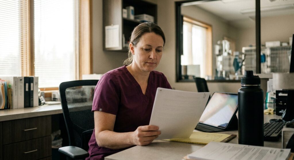 A woman veterinarian in her early forties wearing modern fitted plum scrubs, seated at a clean contemporary desk in a brighter, more modern clinic back