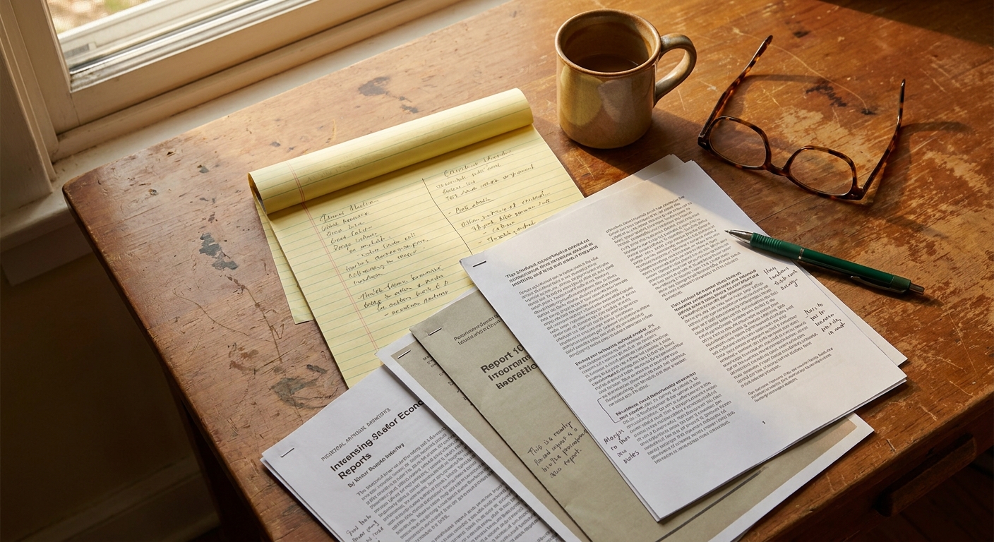 Overhead view of a wooden desk with a yellow legal pad of handwritten notes organized into two columns, printed industry research papers and trade-press clippings spread around the pad, with margin annotations on the research