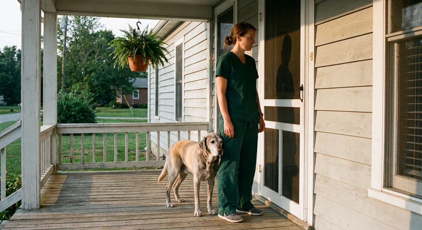 Woman veterinarian in scrubs standing on the wooden porch of her independent veterinary practice in the late afternoon, looking sideways at her practice building with a friendly older Labrador retriever sitting patiently beside her