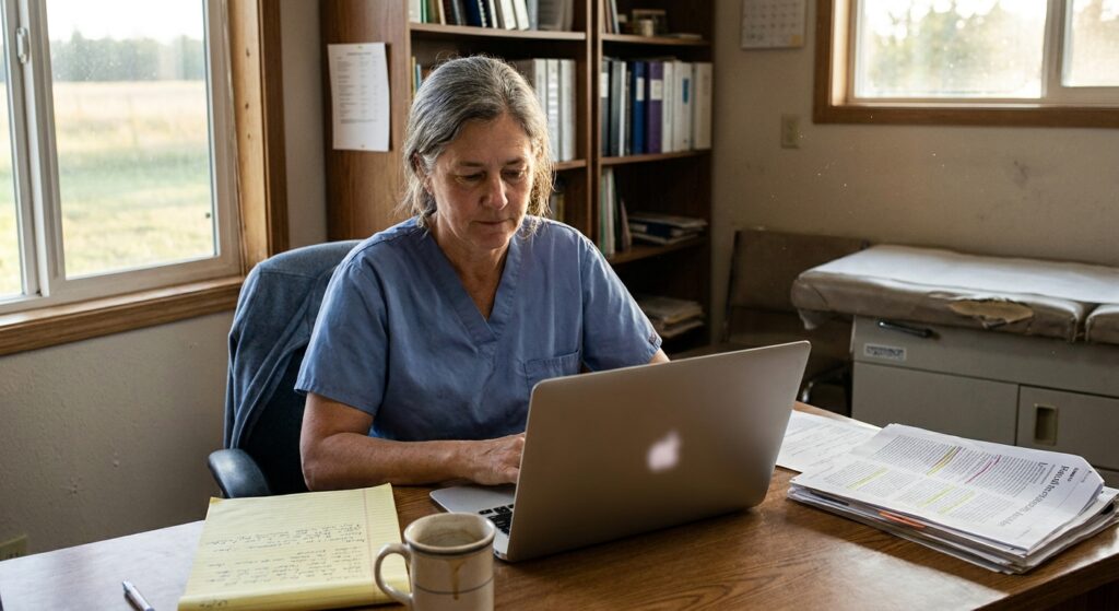 Woman veterinarian at her quiet practice office desk in the late afternoon researching the broader Mars-affiliated buyer category, with a laptop open showing a webpage and a yellow legal pad with handwritten research notes