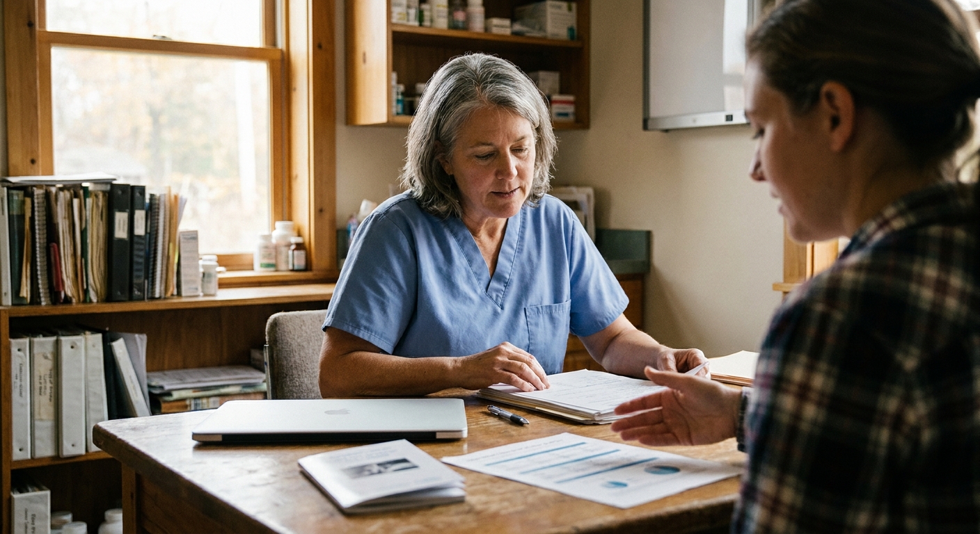 Woman veterinarian in scrubs seated at a wooden table with a sell-side advisor or broker, reviewing a printed buyer-pool analysis page during a consultation