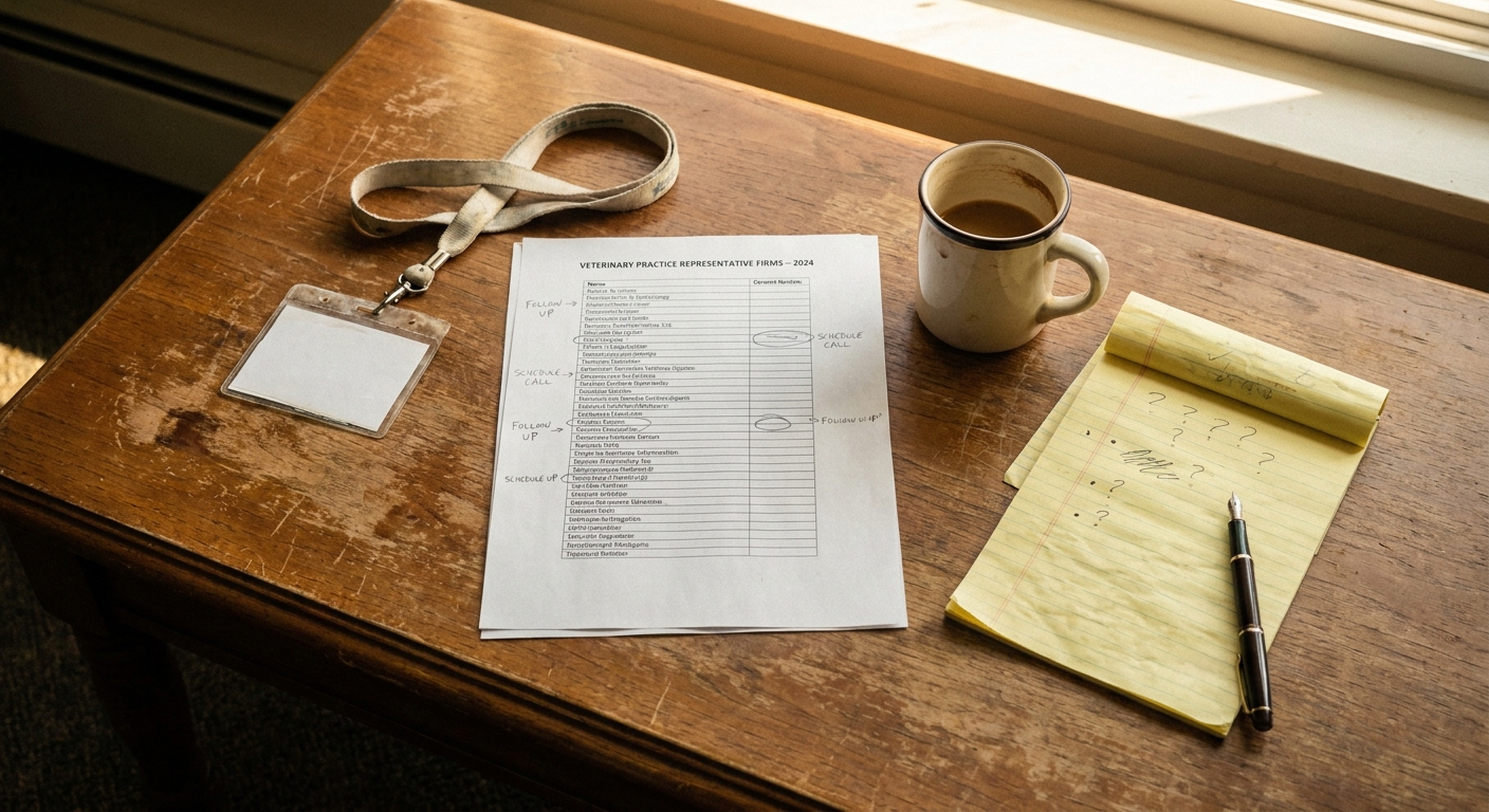 Overhead view of a wooden coffee table after a long day of meetings: open conference badge lanyard, printed list of veterinary practice representative firms with handwritten margin notes, yellow legal pad with question marks, a coffee mug, and a fountain pen