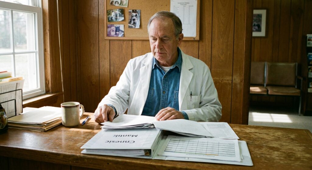 Independent veterinarian in a white lab coat at the front counter of his practice in early morning, reviewing materials from two different practice representation firms side by side, comparing options