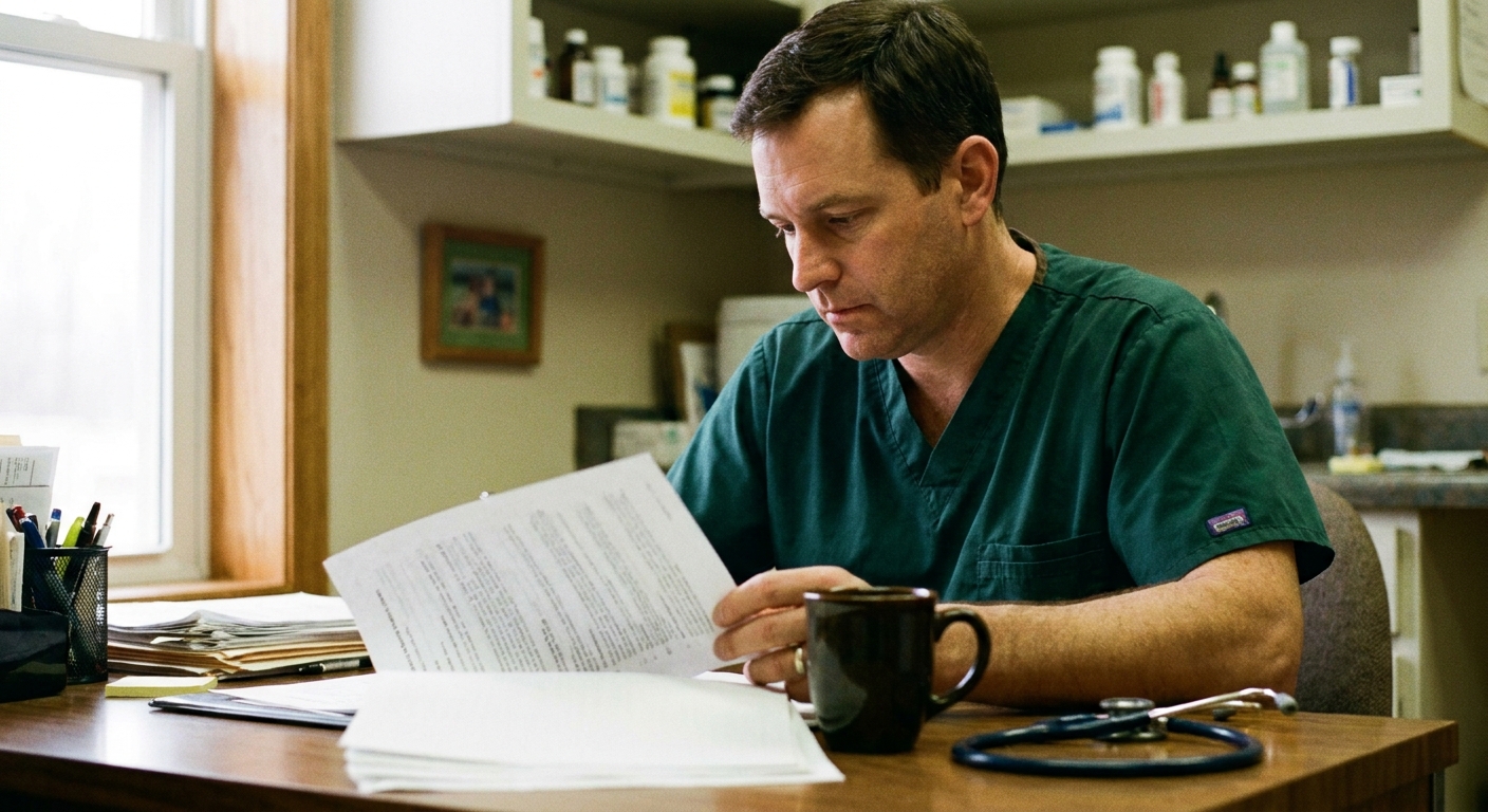A veterinarian reviewing acquisition paperwork at a clinic desk, looking down at the documents, with a stethoscope and a coffee mug nearby