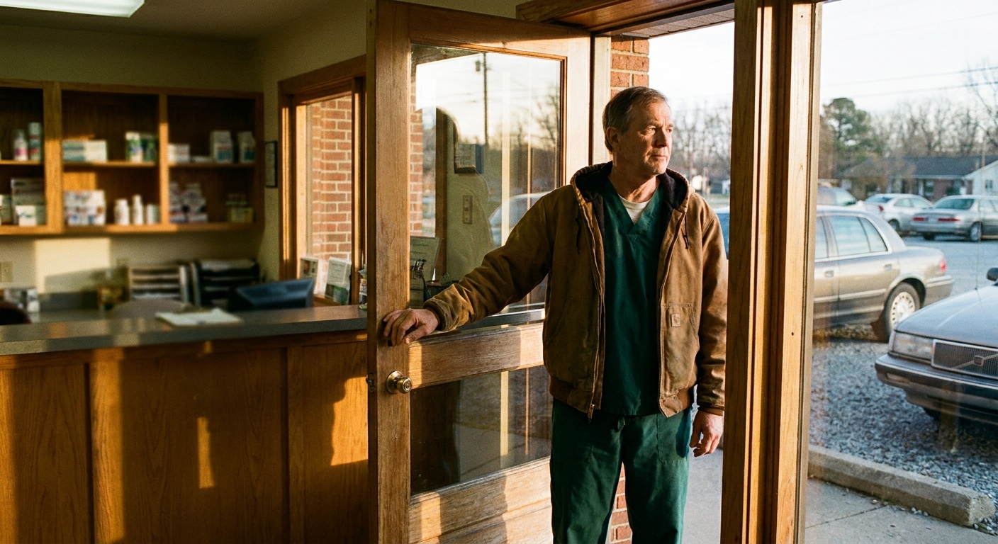 A veterinarian standing in the doorway of an independent practice in warm afternoon light, looking off toward the parking lot, calm and unhurried