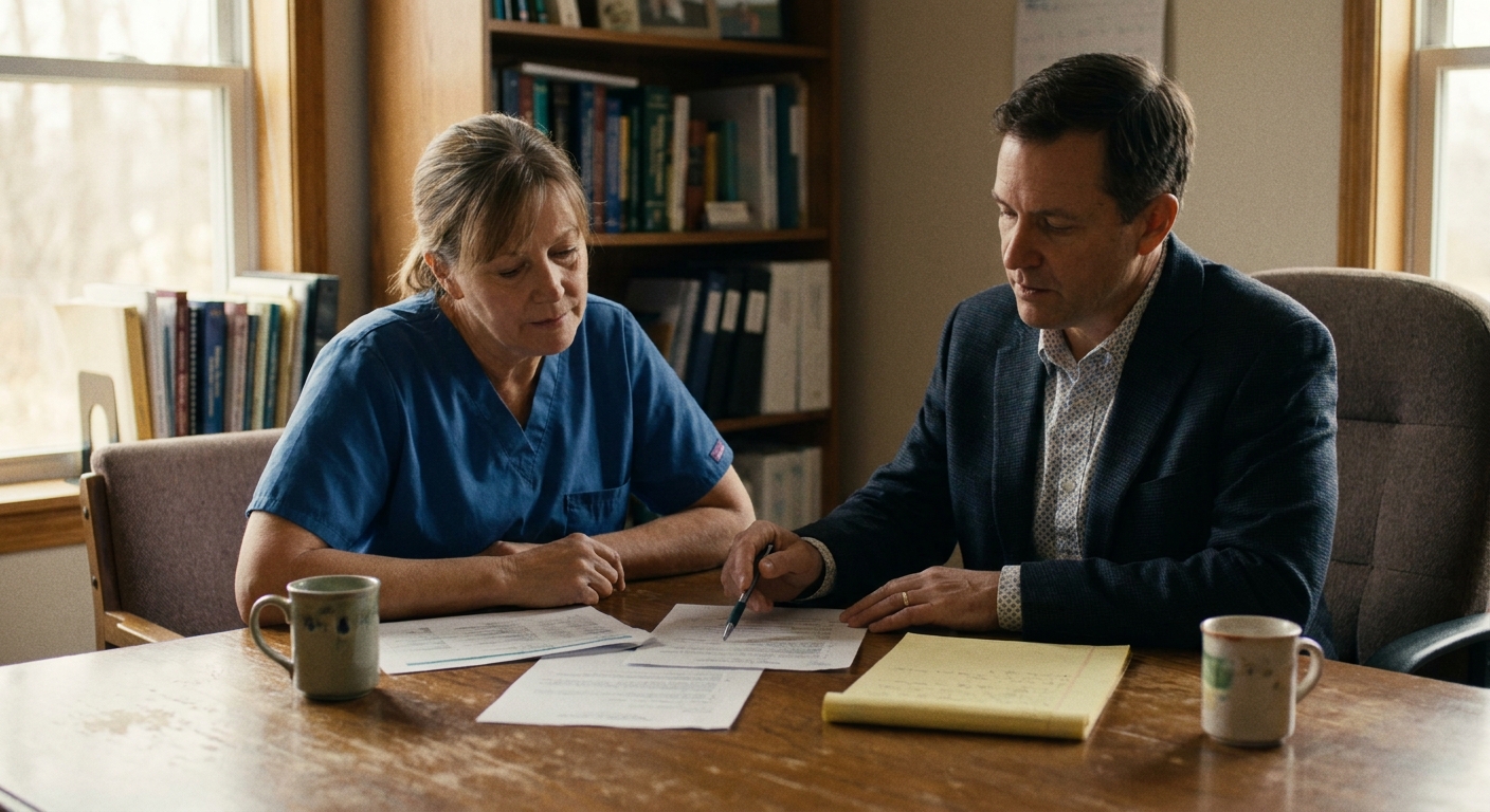 A veterinarian and a sell-side advisor at a conference table reviewing several competing written offers laid side by side, both looking down at the documents in candid natural light