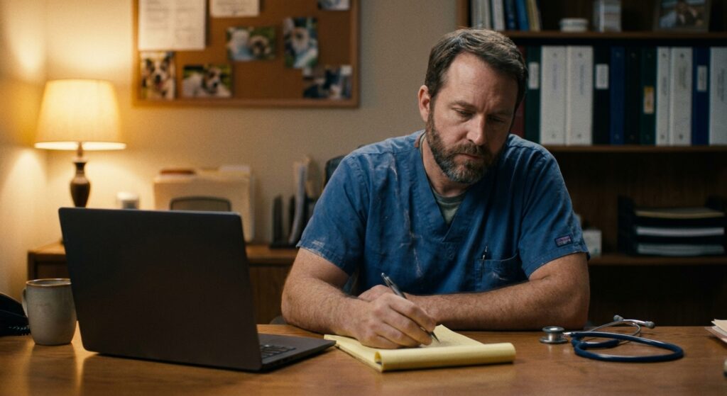 Veterinarian weighing which type of buyer to sell his practice to, making notes on a legal pad in the evening