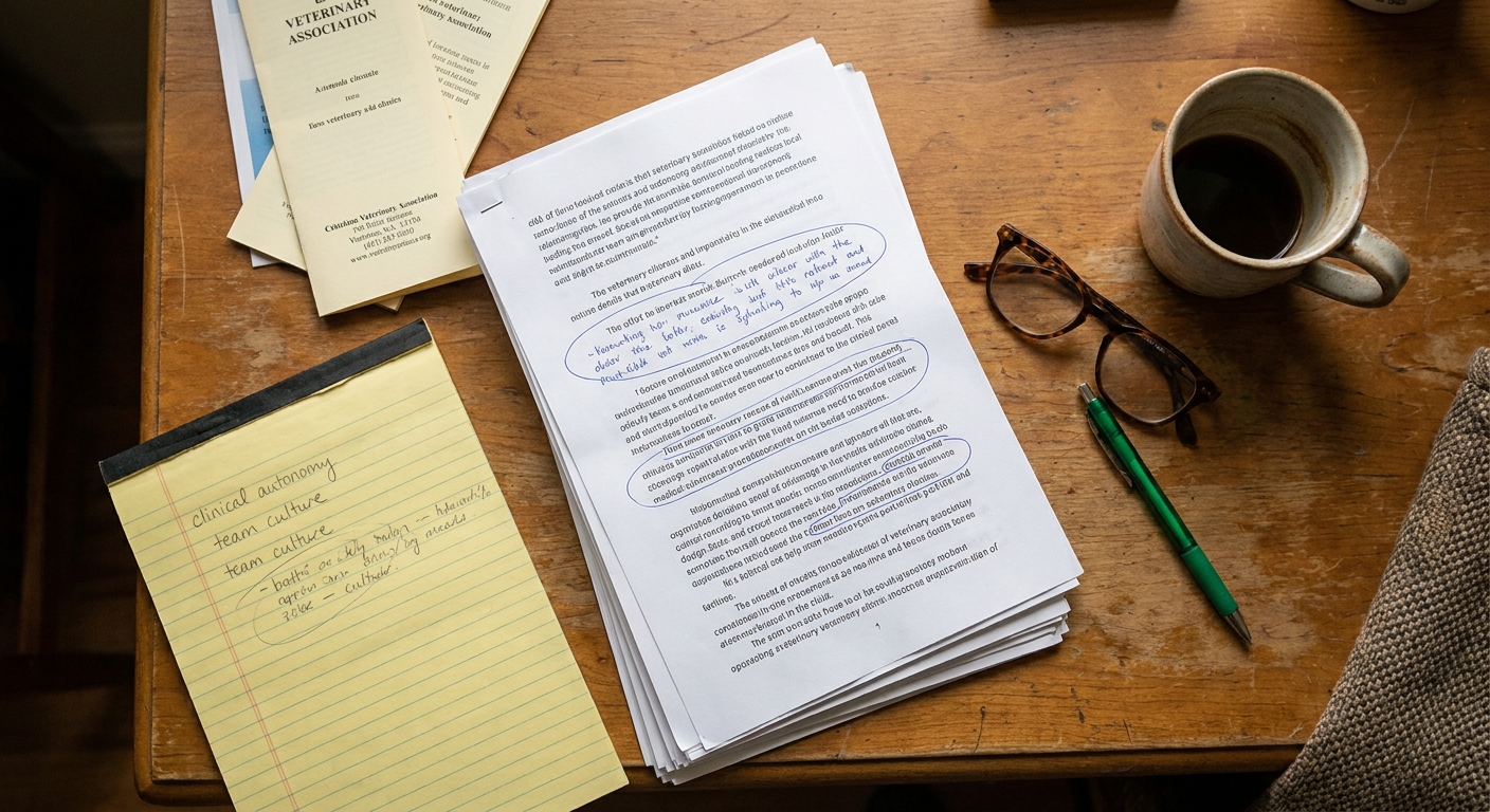 OVERHEAD top-down view of a wooden desk: a multi-page offer document with several clauses circled in pen, a yellow legal pad with handwritten notes about