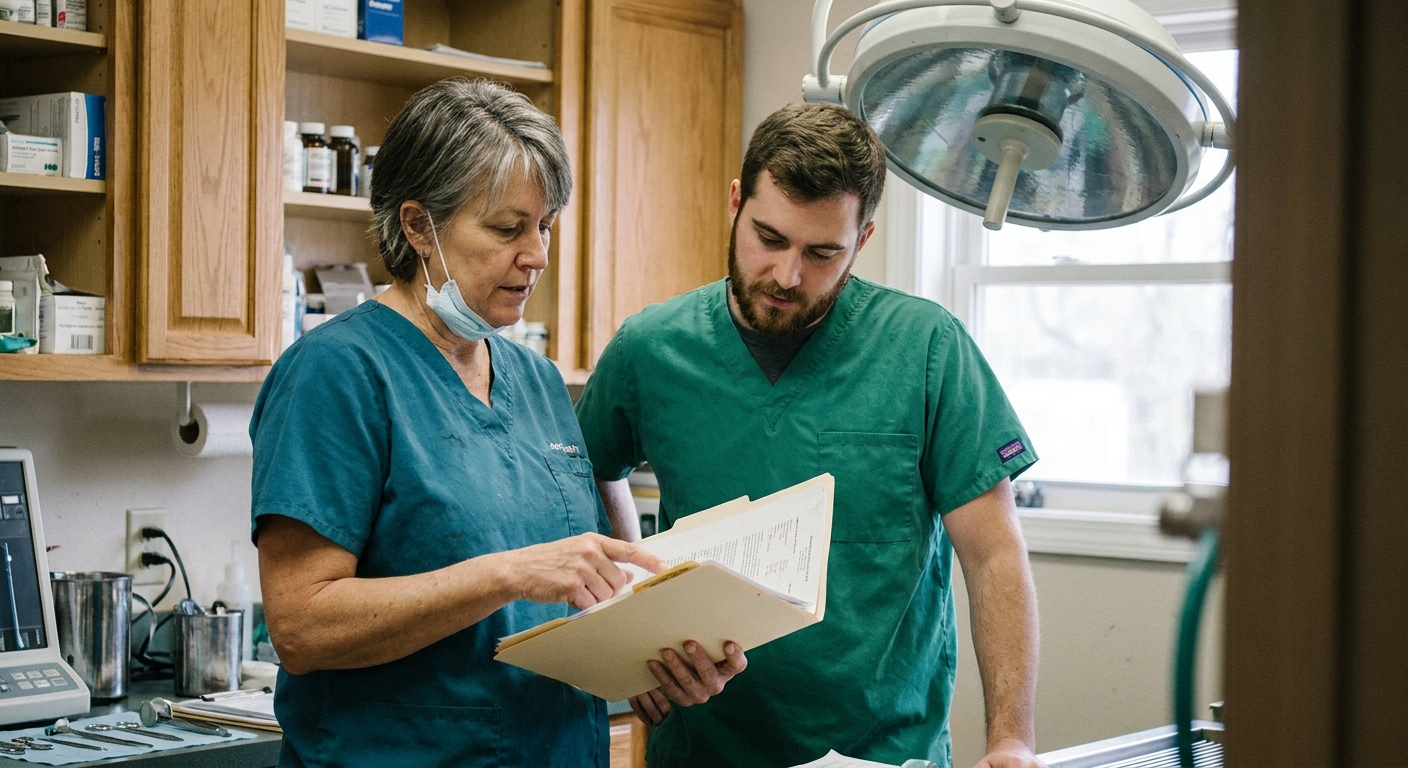 A senior woman veterinarian in teal scrubs (mid-forties) standing beside a younger associate veterinarian (a man in his late twenties in green scrubs) in